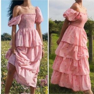Smocked Off-Shoulder Tiered Pink Maxi Dress